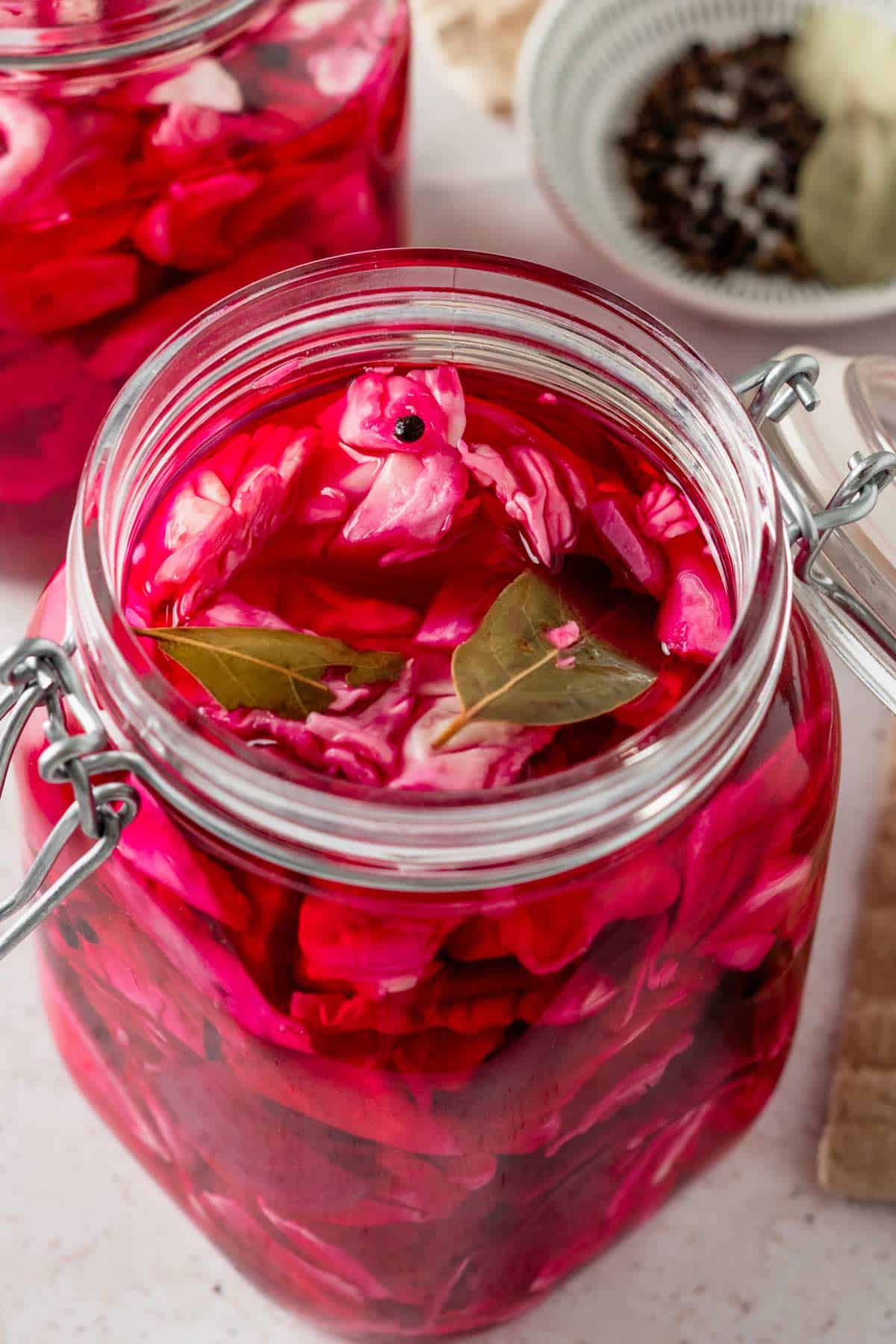 ready quick pickled cabbage in a jar.
