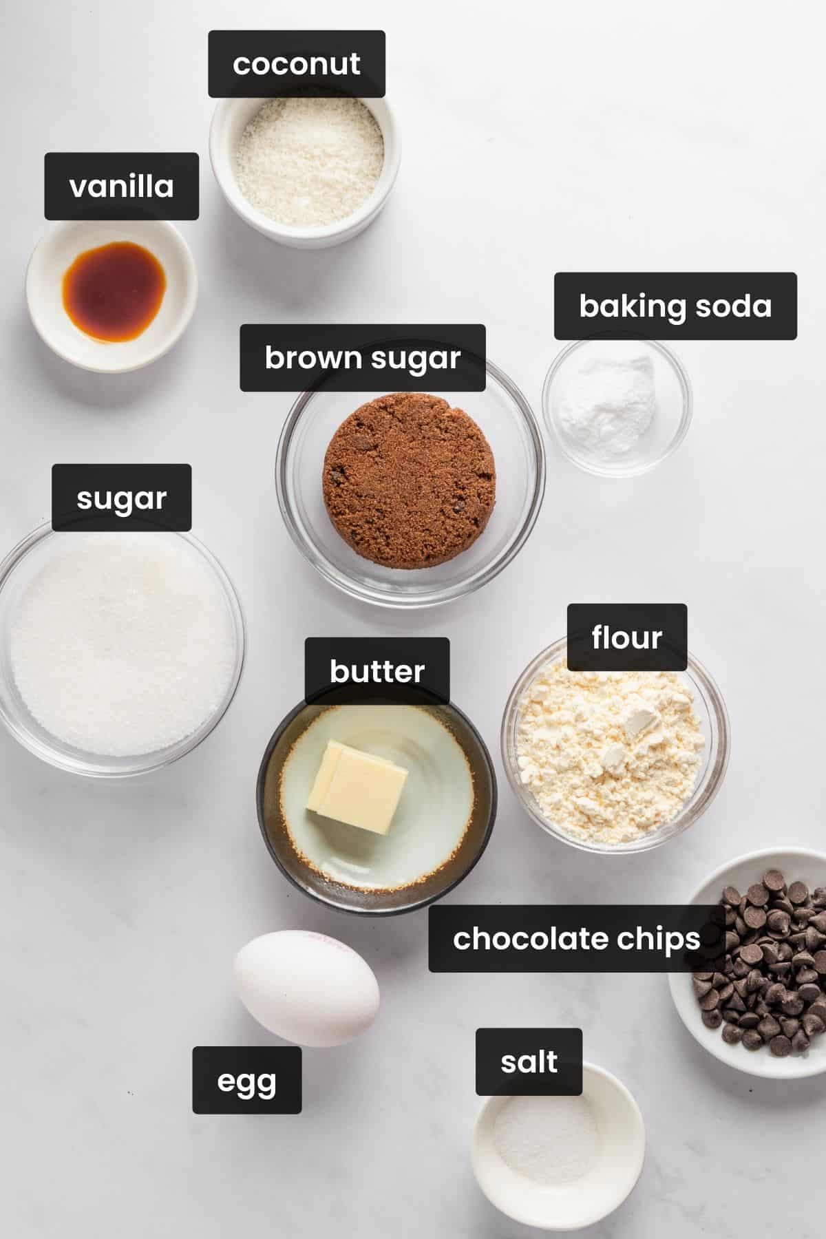 ingredients for coconut chocolate chip cookies.