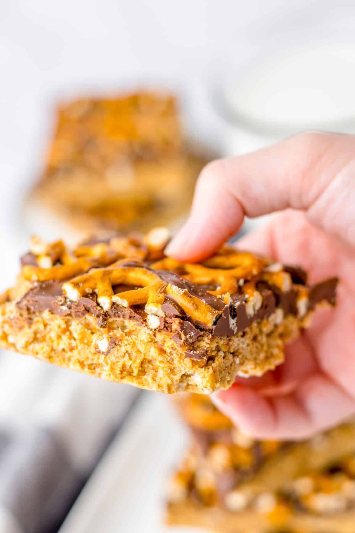 a slice of no bake peanut butter bar.