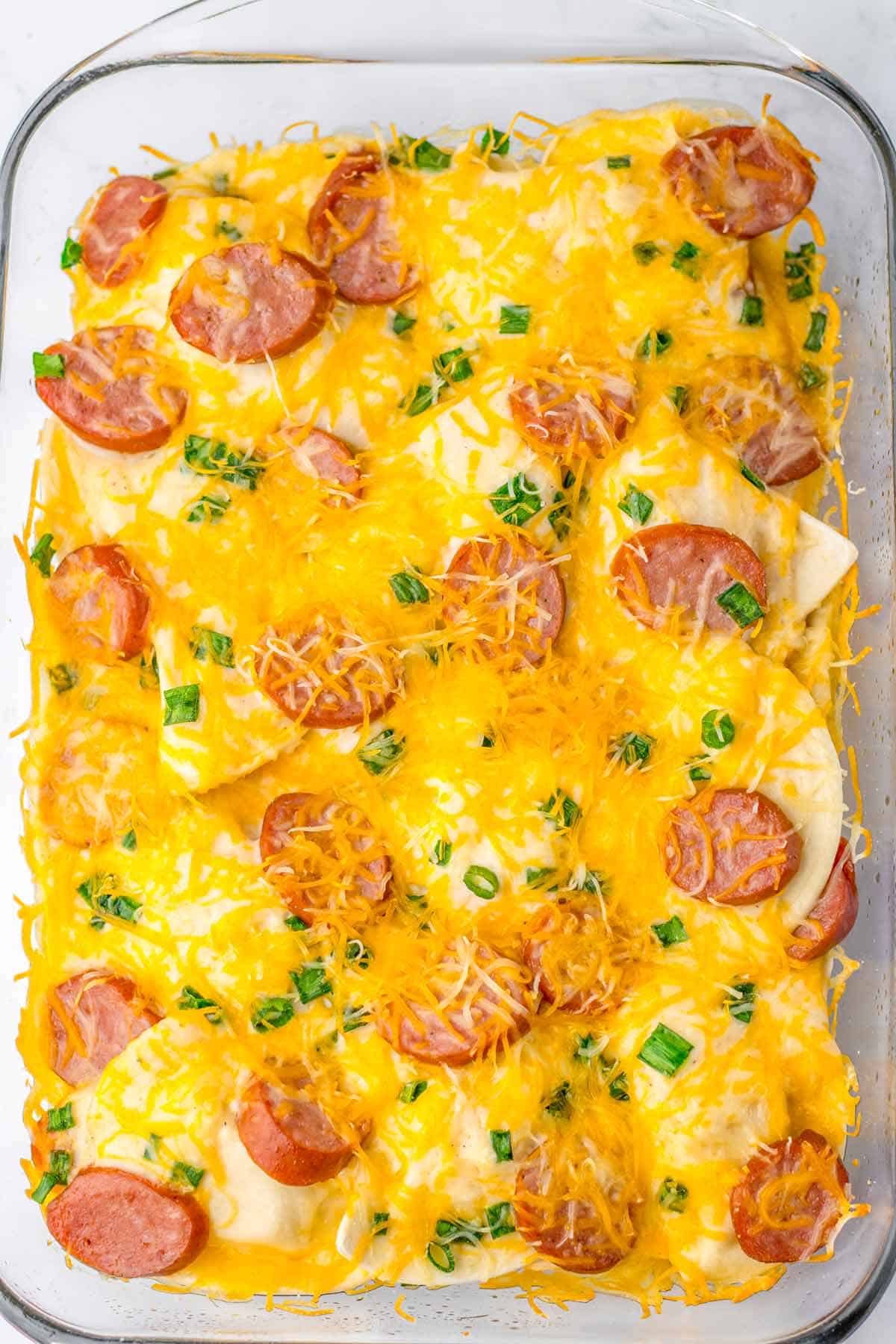 baked pierogi casserole with cheese.