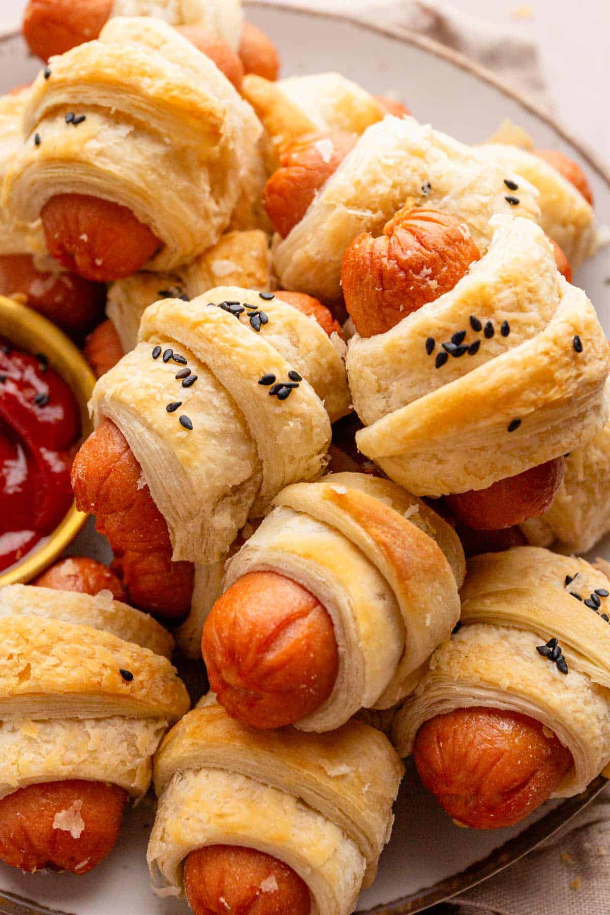 a stack of pigs in blanket.
