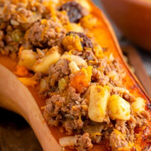 sausage and apple stuffed butternut squash half.