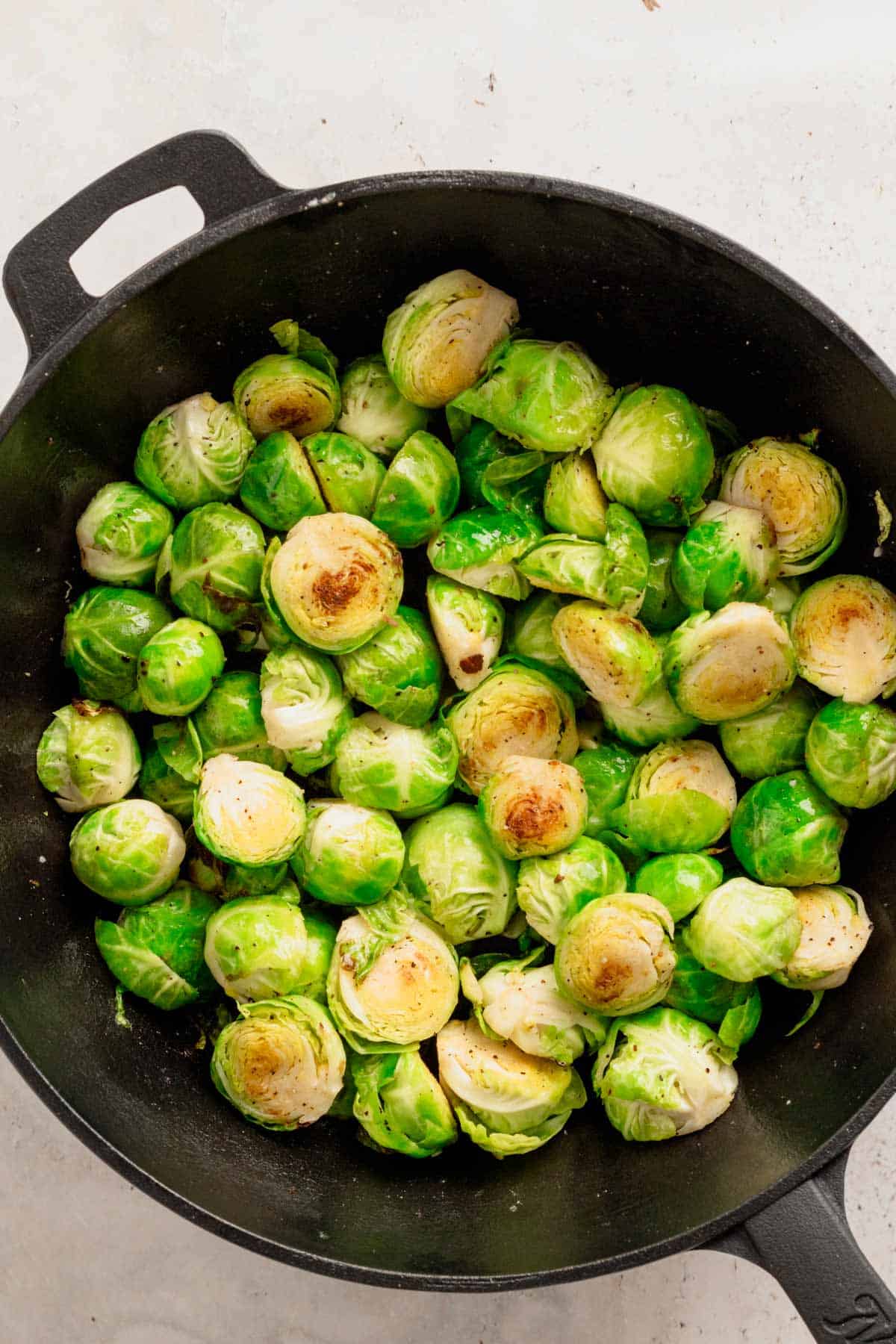 brussel sprouts in skillet.