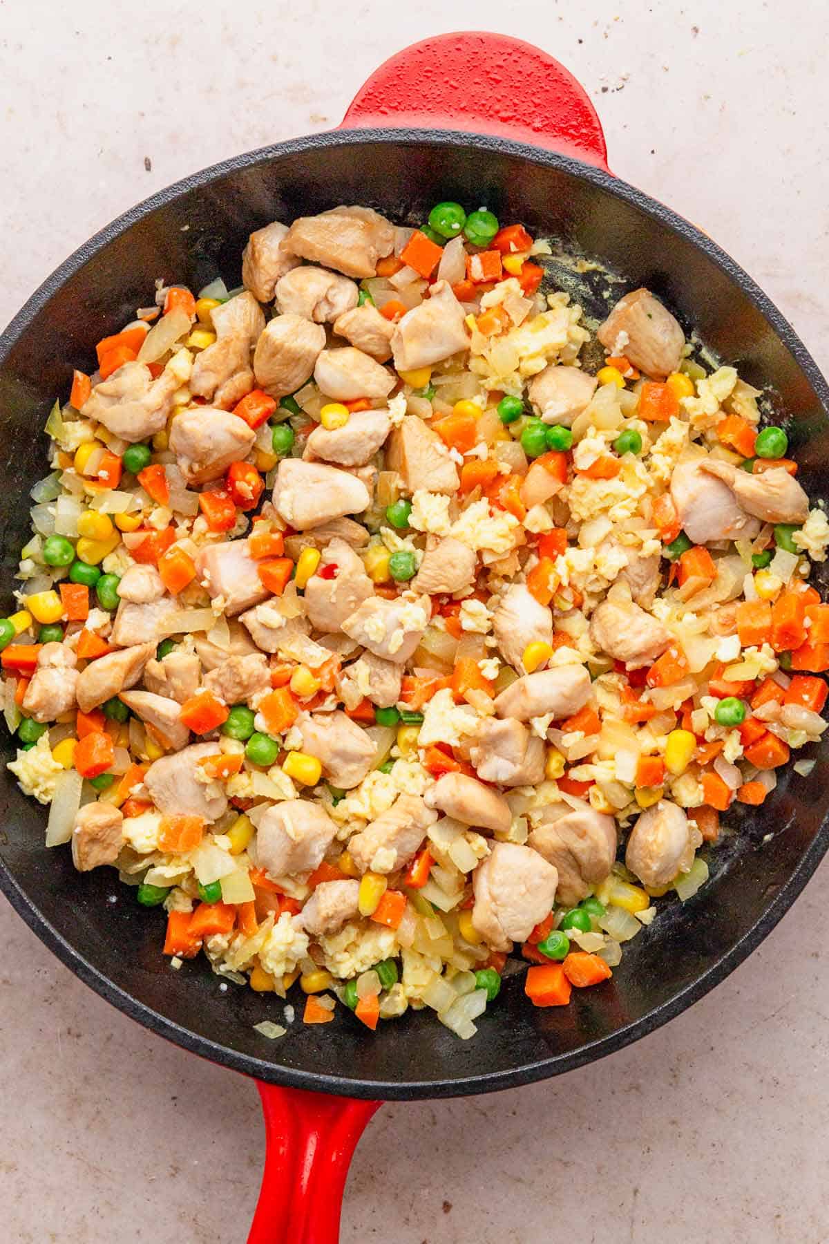 chicken and vegetables in skillet.