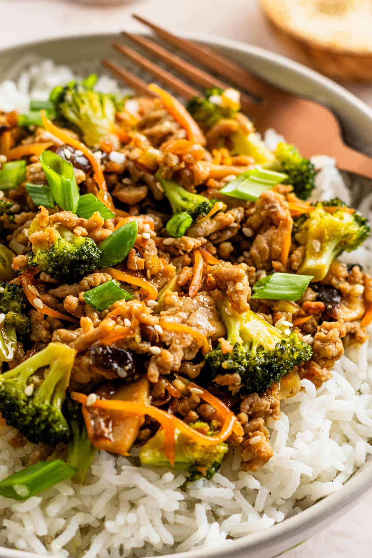 ground pork stir fry rice bowl.