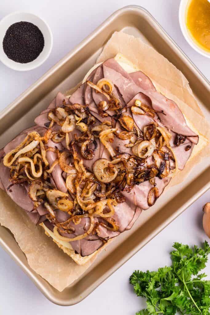 a layer of caramelized onions and mushrooms.