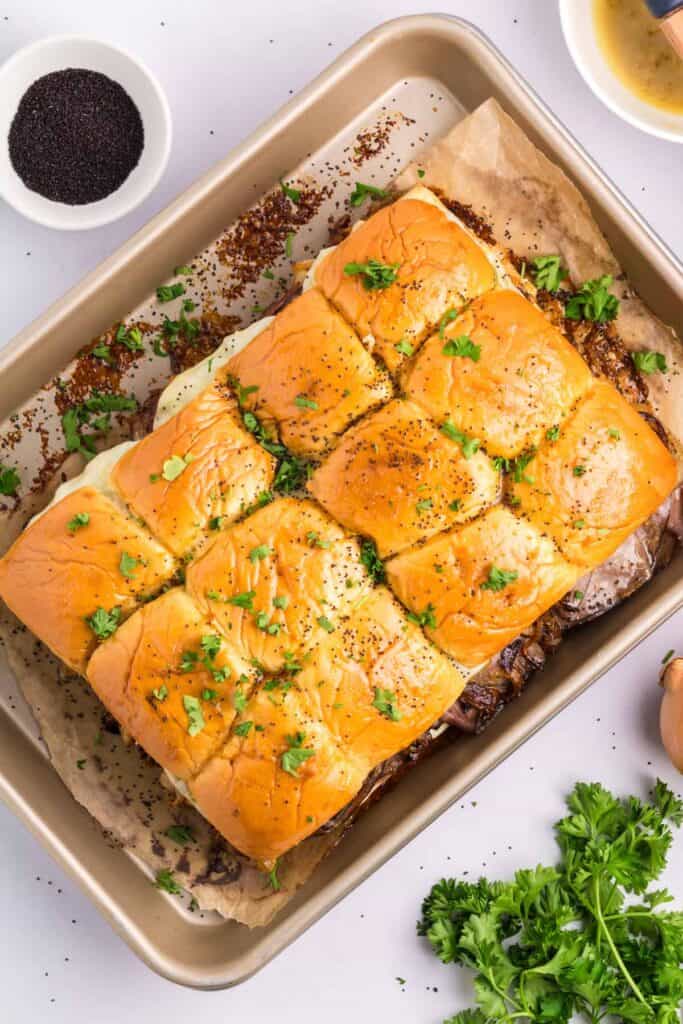 a stack of roast beef slider.