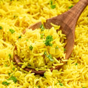 a bowl of yellow rice.