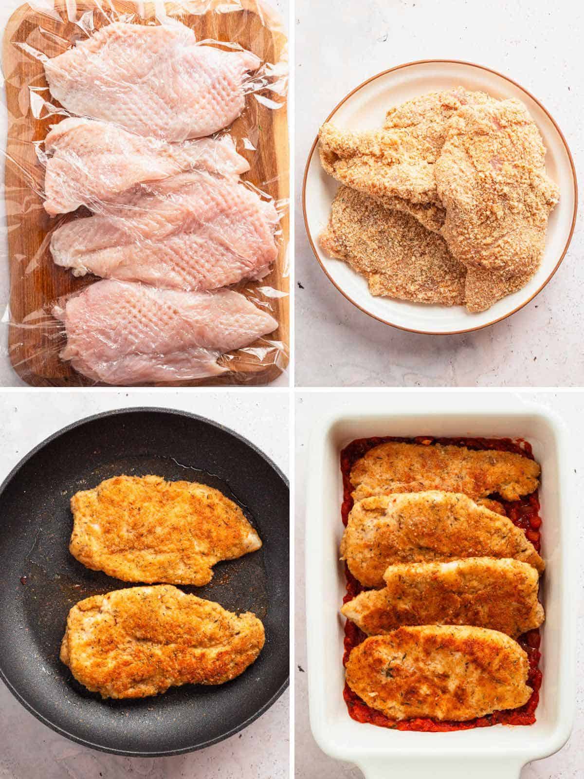 process of breading chicken breast.