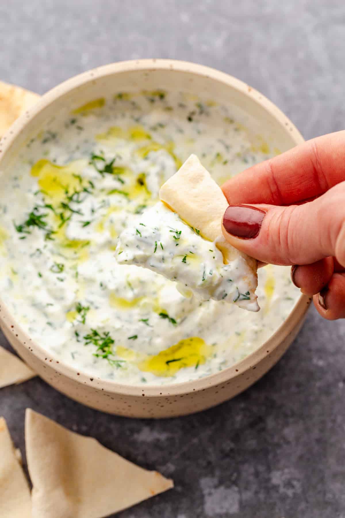 greek yogurt dip with grated cucumber.