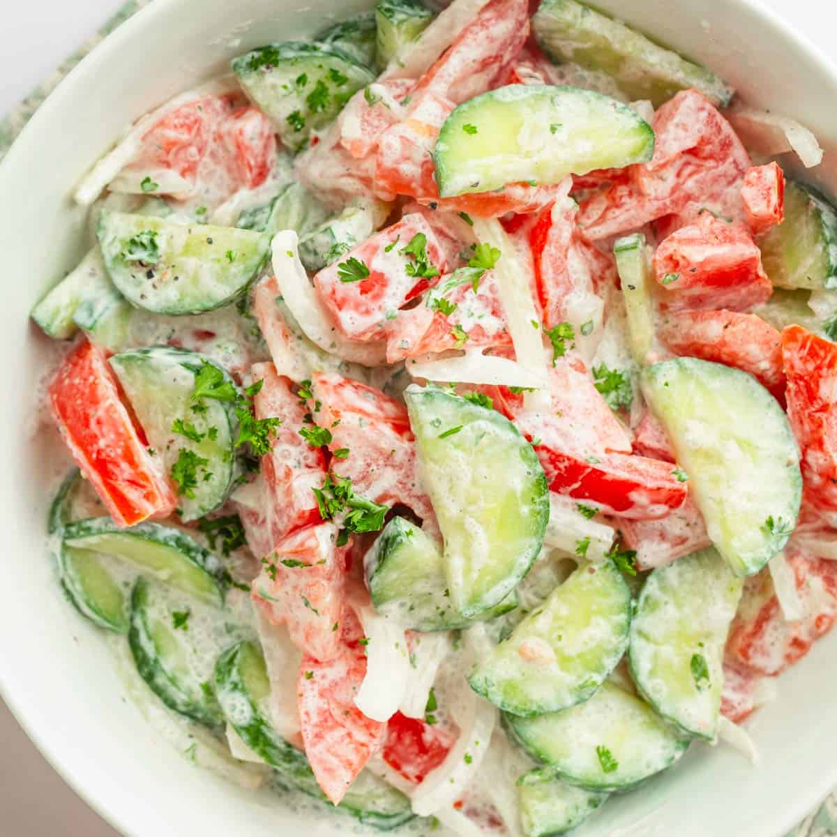 creamy cucumber and tomato salad.