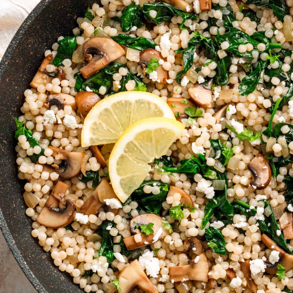 One Pan Vegetarian Couscous Dinner with Mushrooms and Spinach 