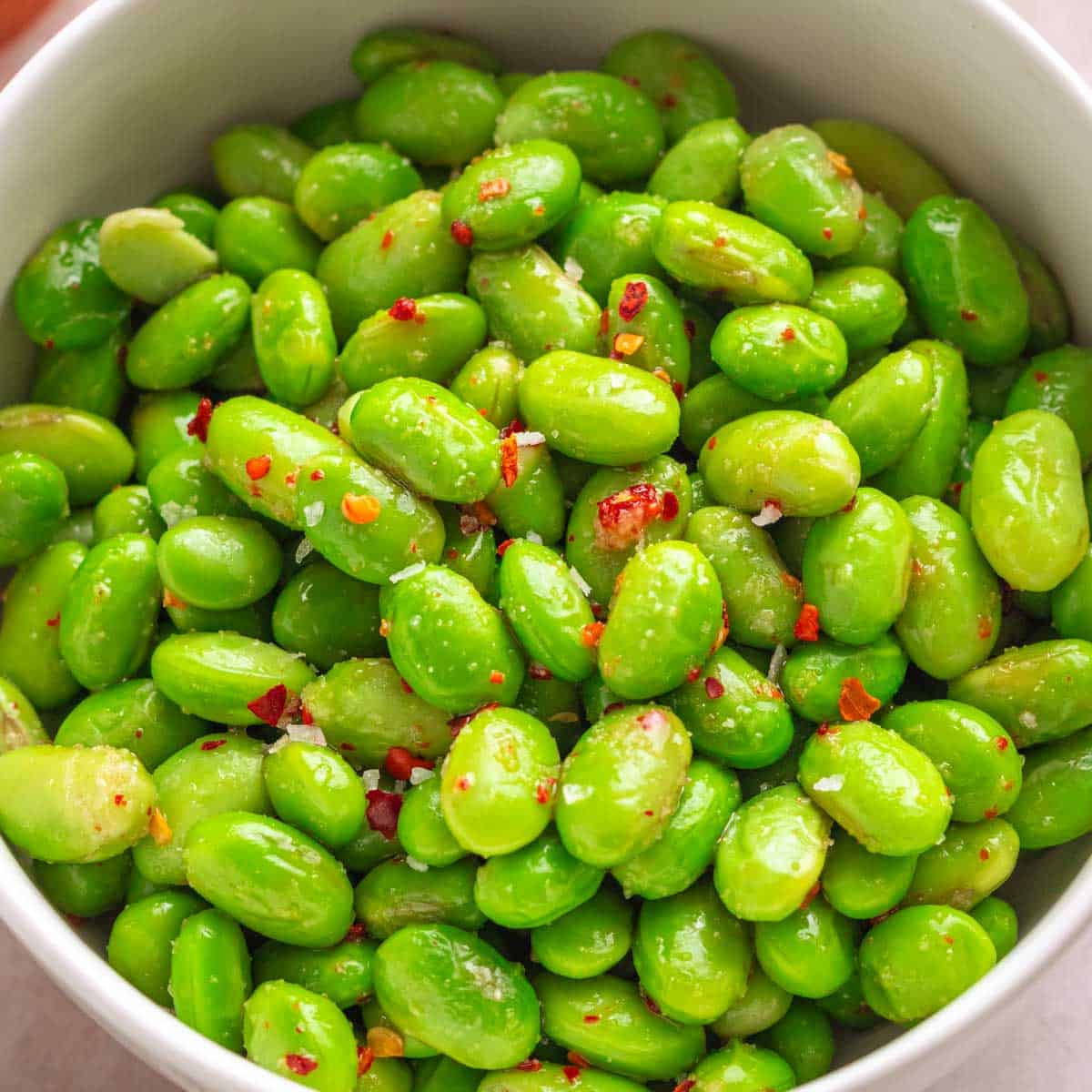 Edamame Recipe with chili flakes and salt.