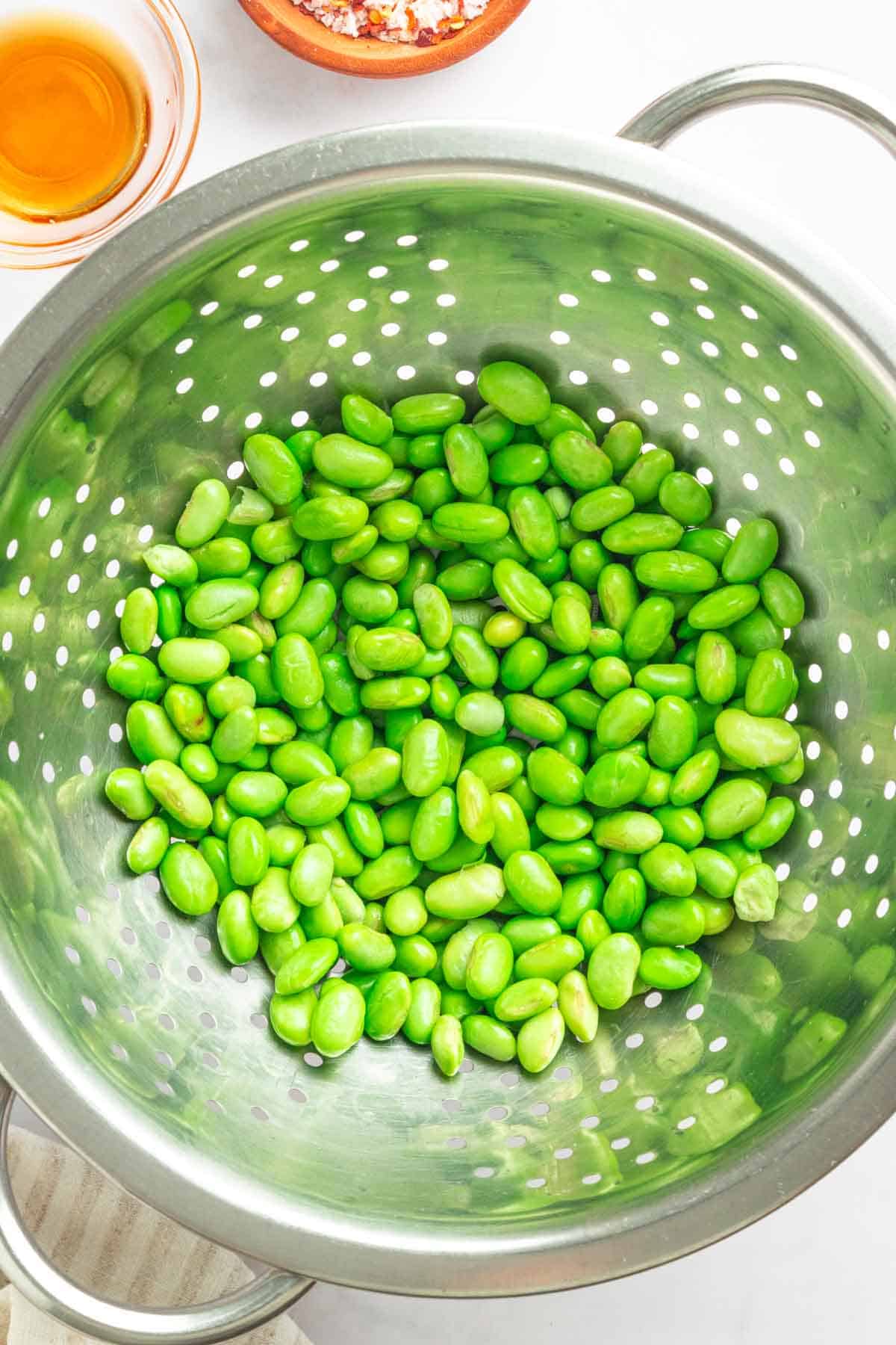 Edamame Recipe with chili flakes and salt.