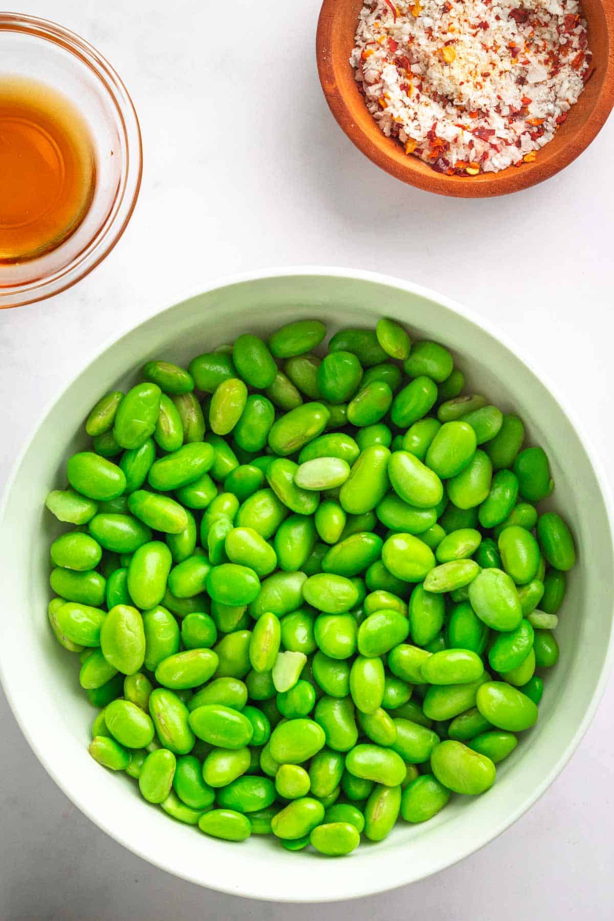 Edamame Recipe with chili flakes and salt.