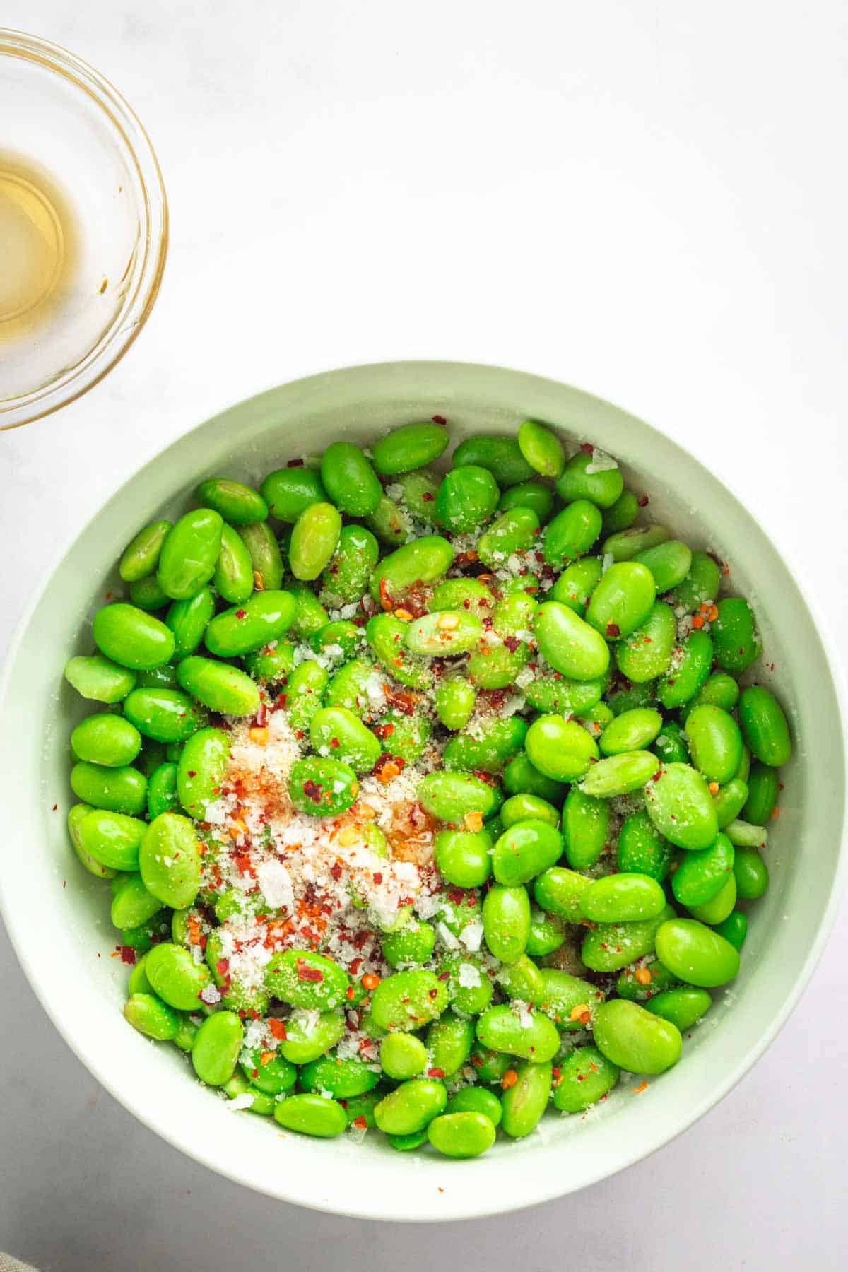Edamame Recipe with chili flakes and salt.
