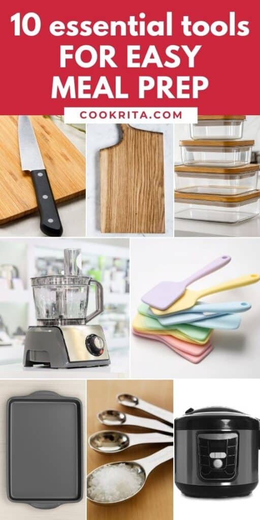 Collage of meal prep tools including knives, containers, blender, spatulas, and rice cooker.