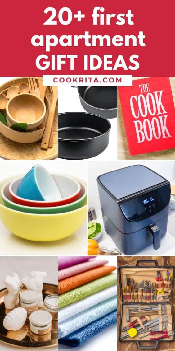 Pinterest collage titled “20+ First Apartment Gift Ideas” showing cookware, bowls, towels, tools, and a cookbook.