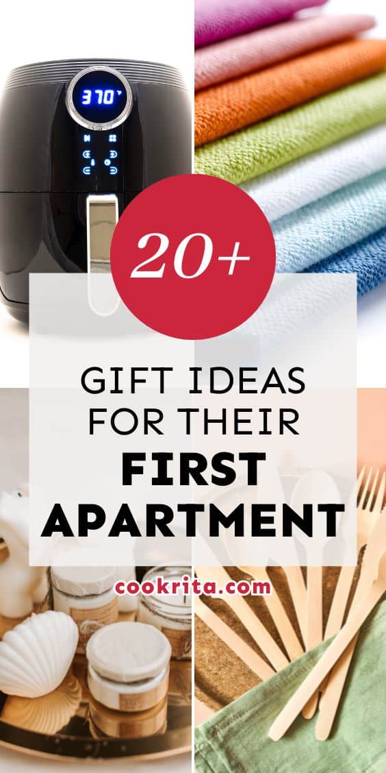 Collage titled “20+ First Apartment Gift Ideas” showing cookware, bowls, towels, tools, and a cookbook.