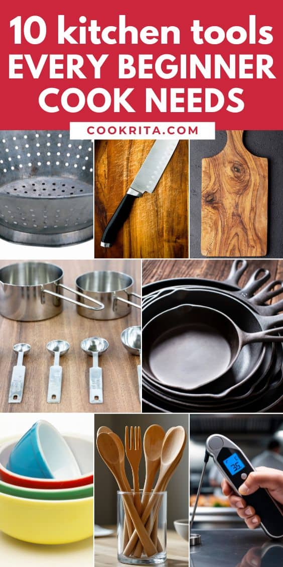 Collage titled “10 Kitchen Tools Every Beginner Cook Needs” with pans and utensils.