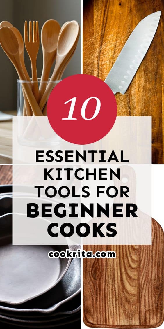 Graphic reading “10 Essential Kitchen Tools for Beginner Cooks” with knife and skillet.