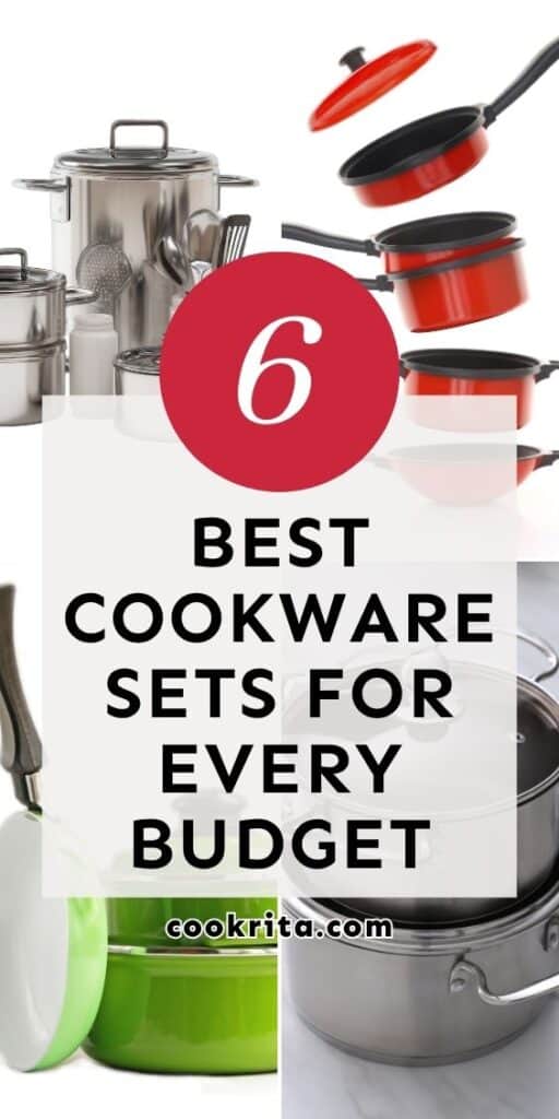 Collage of cookware sets with pots, pans, and colorful kitchen containers for all budgets.