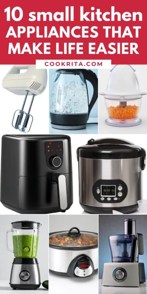Kitchen appliance collage featuring air fryer rice cooker blender and slow cooker