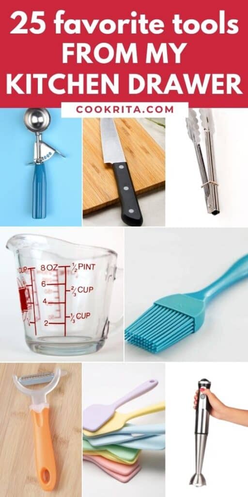 Collage of kitchen drawer tools including knife, tongs, measuring cup, spatulas, and peeler.