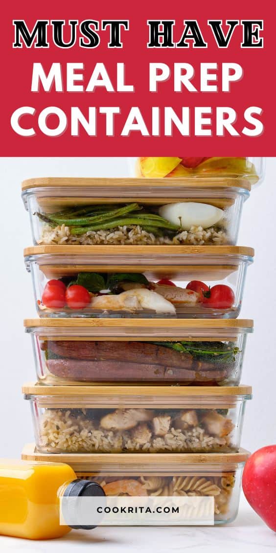 Stacked glass meal prep containers with text saying “Must Have Meal Prep Containers”