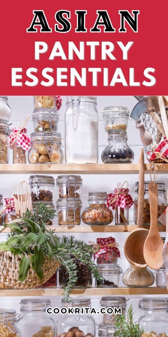Asian pantry essentials graphic with labeled jars and pantry shelf storage