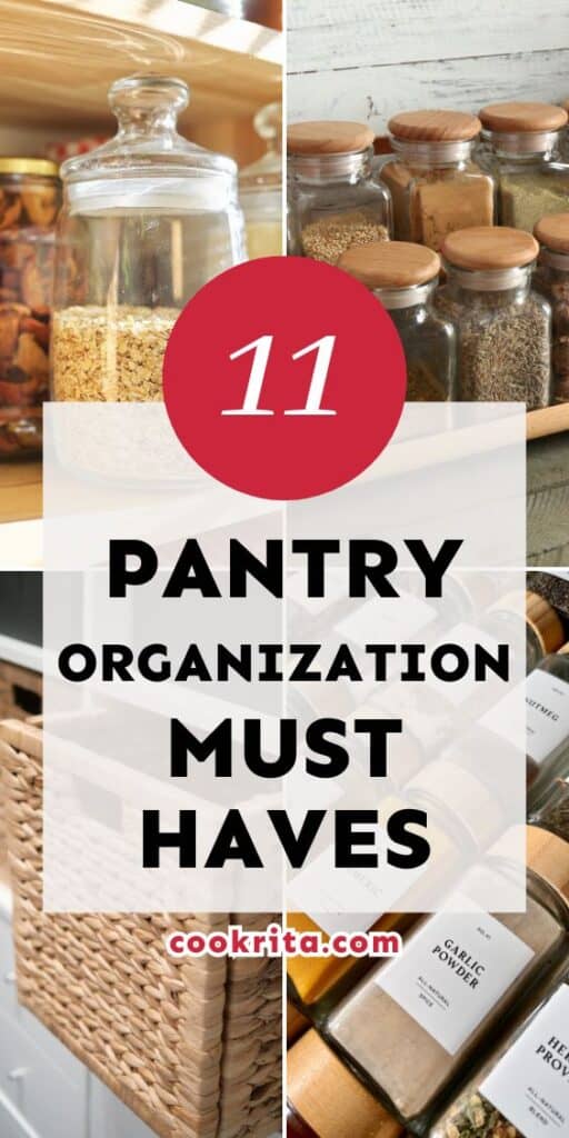 Pantry organization collage with jars, baskets, and spice storage containers
