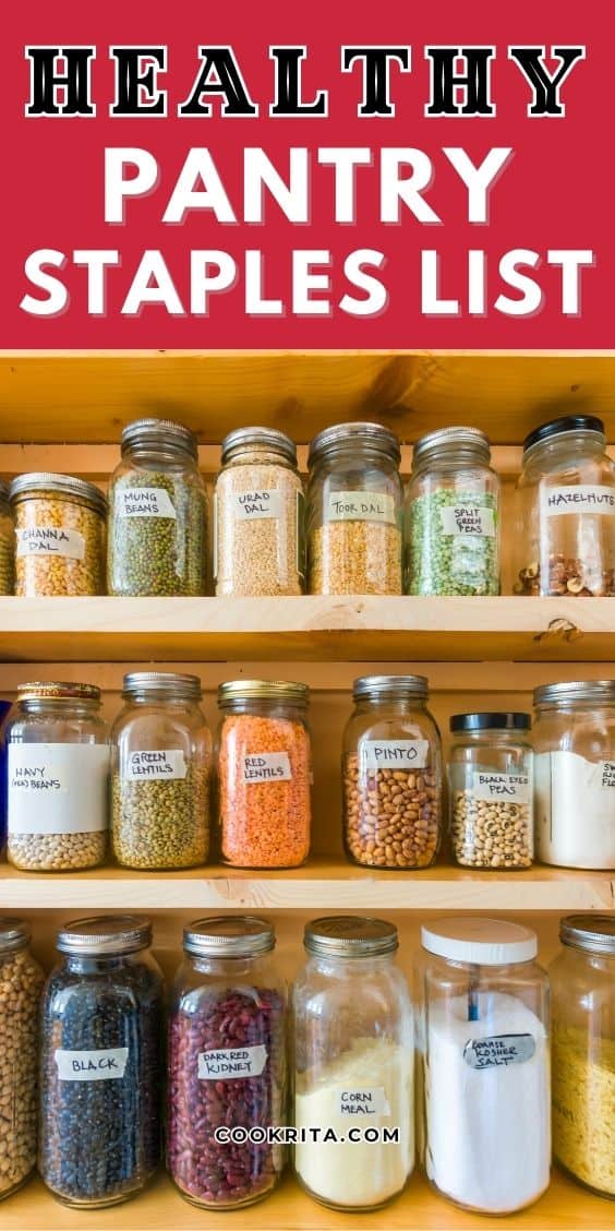 Graphic reading “Healthy Pantry Staples List” above jars of pantry staples on shelves