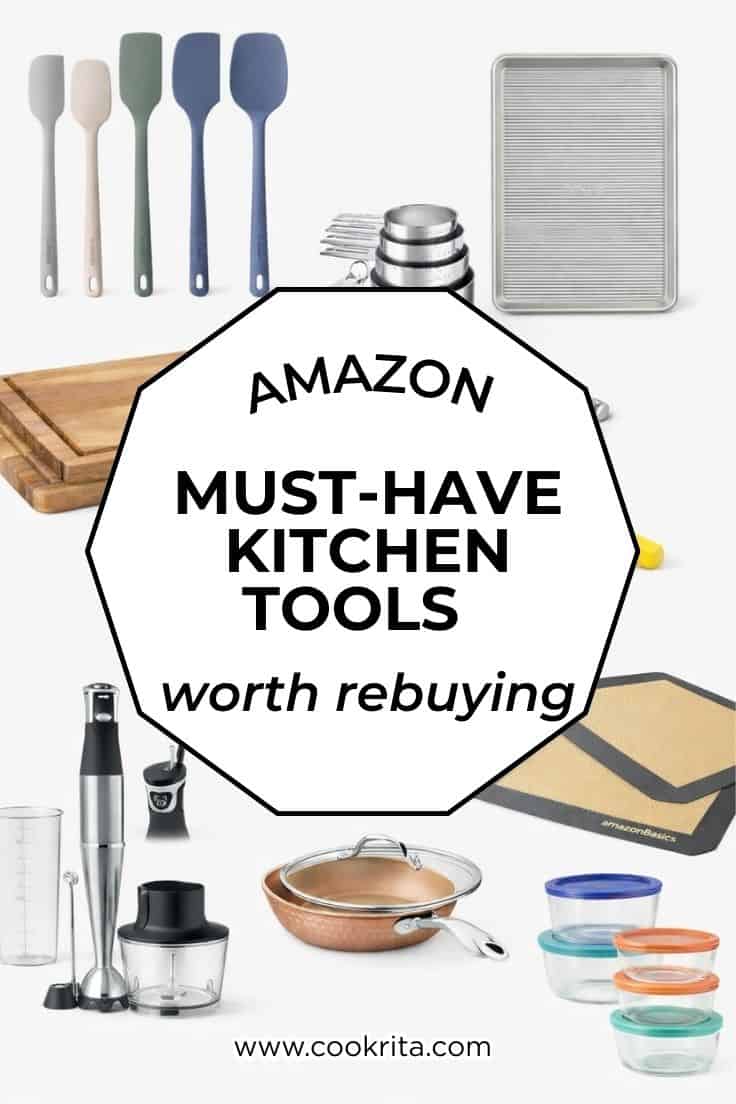 Amazon must-have kitchen tools graphic with spatulas, measuring cups, sheet pan, cutting board, skillet, and storage containers.