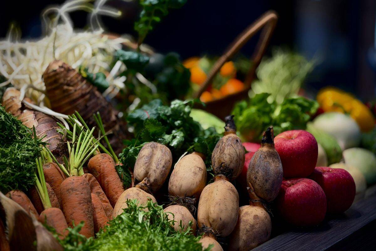 Basket of organic imperfect vegetables and fruits including carrots, potatoes, beets, apples, and leafy greens.