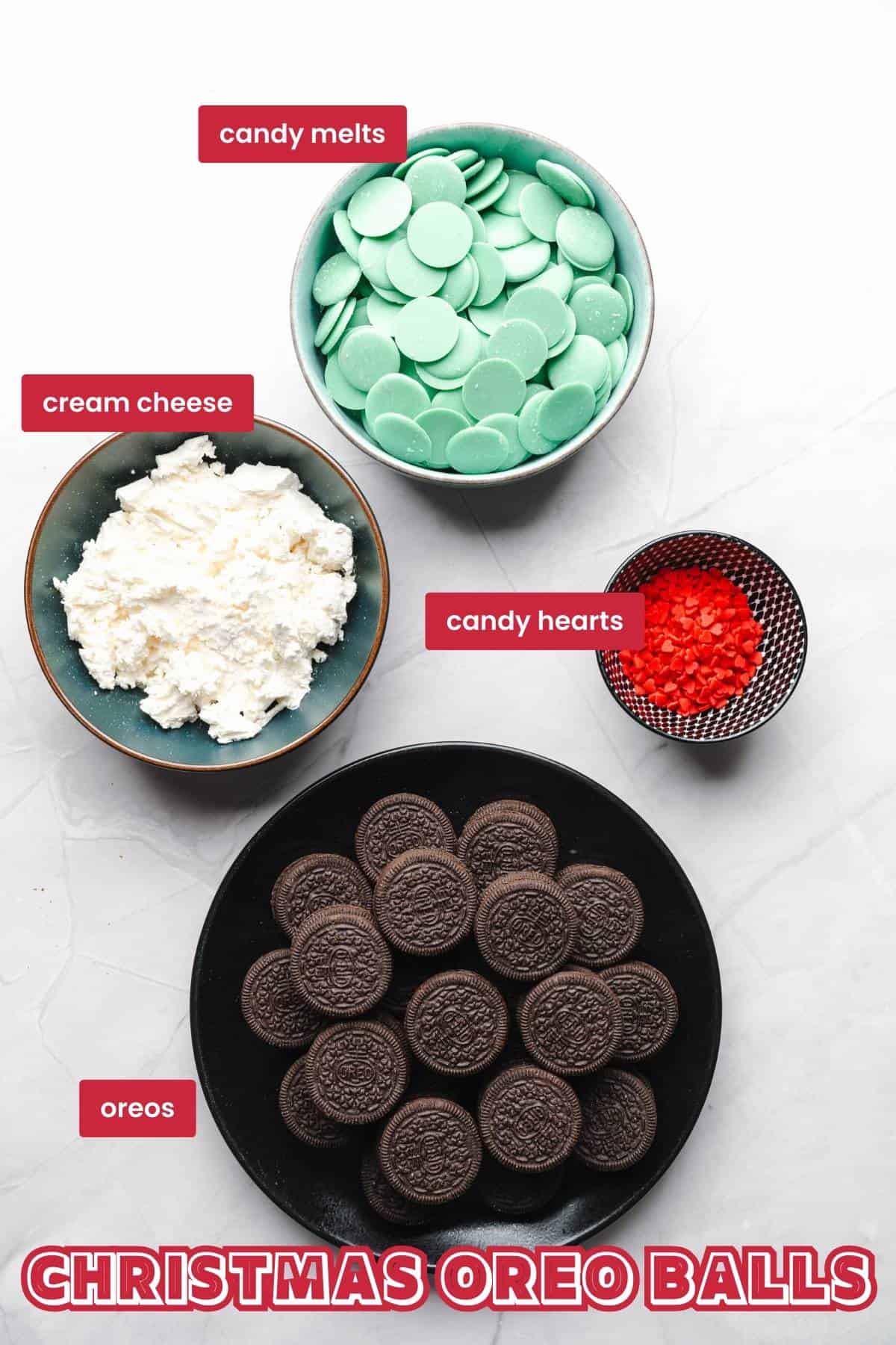 Ingredients for Christmas Oreo balls: Oreos, cream cheese, green candy melts, red candy hearts.