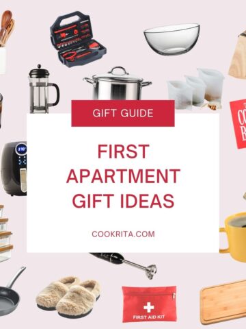 Collage of first apartment gift ideas, with kitchen tools, cozy home items, and centered “First Apartment Gift Ideas” text.