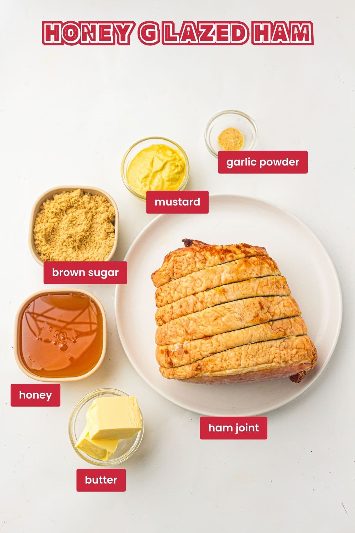 Ingredients for honey glazed ham labeled: ham joint, honey, butter, mustard, brown sugar, garlic powder.