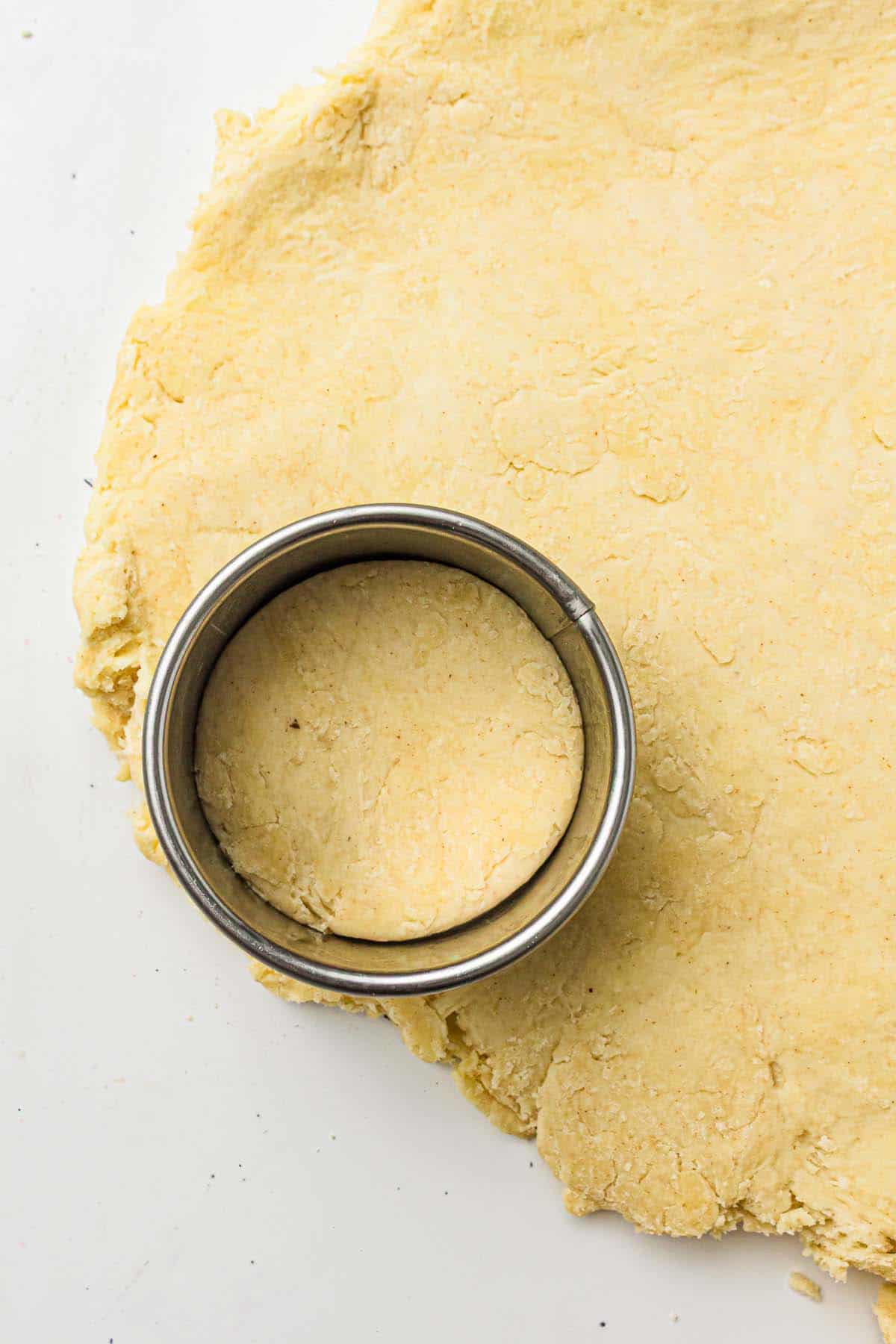 Biscuit dough rolled out with a round cutter pressing shapes.
