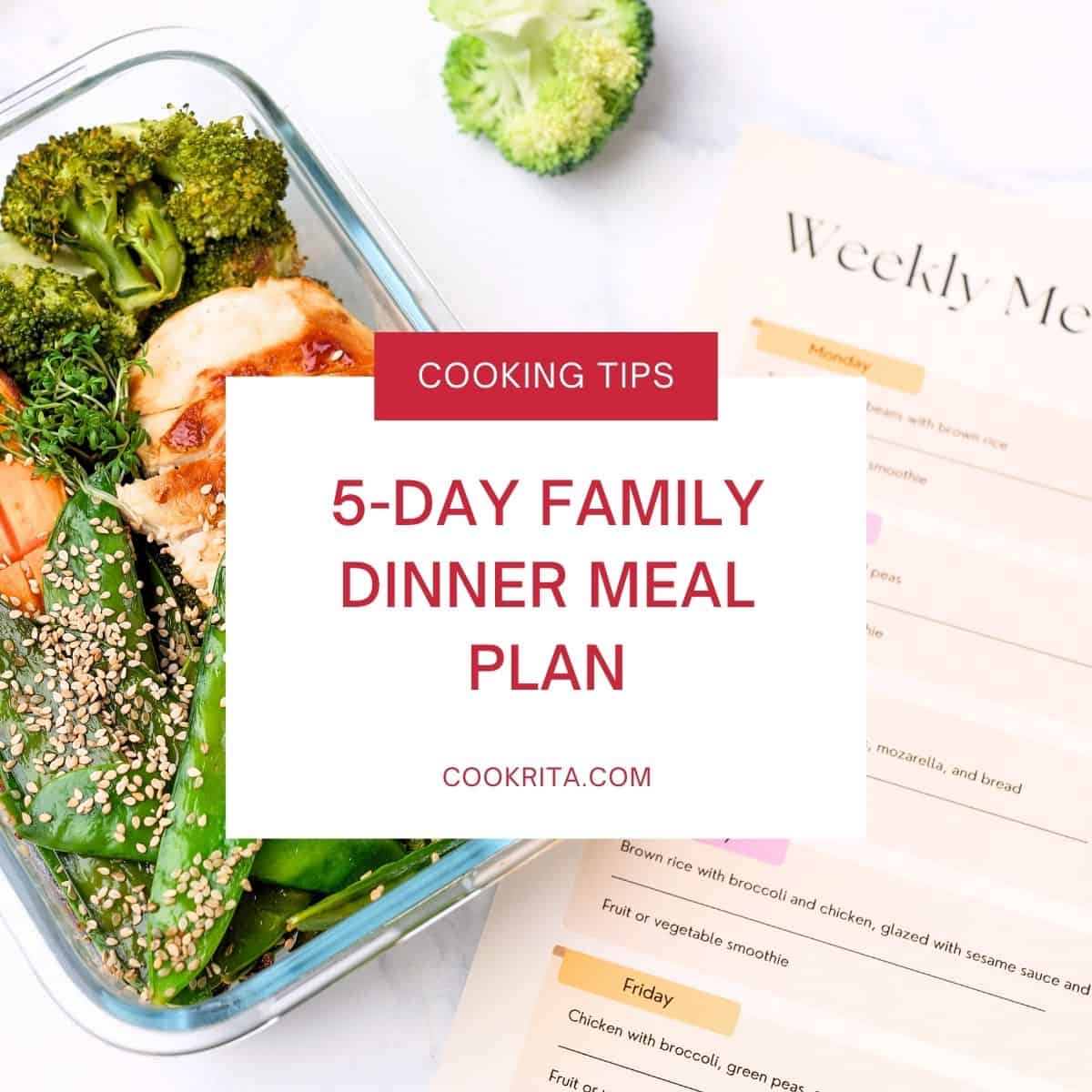 Meal prep container with chicken and broccoli beside a weekly meal plan sheet.