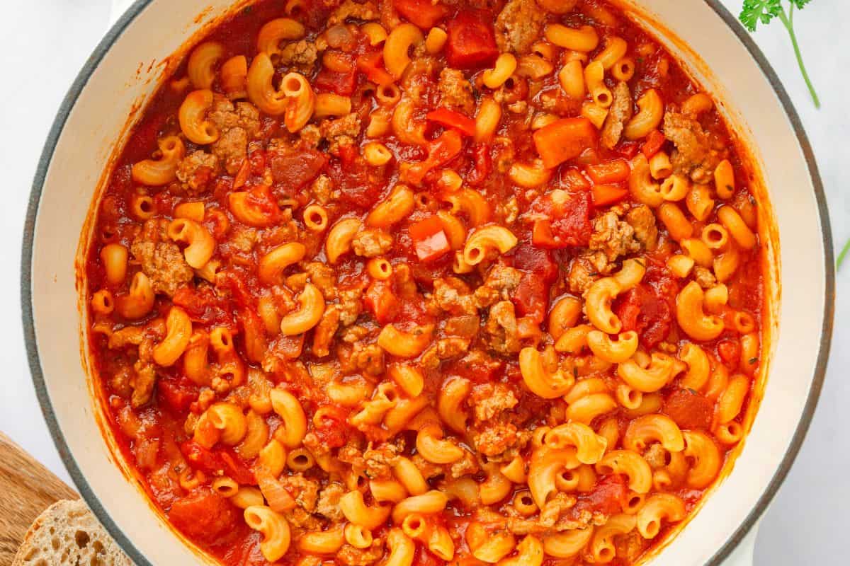 One-pot ground beef pasta with macaroni in rich tomato sauce.