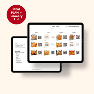 Mockup of a digital meal plan and grocery list displayed on tablet and phone screens above a red ‘Send me the meal plan’ button.