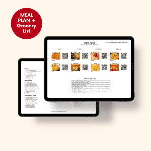 Mockup of a meal plan and grocery list PDF displayed on tablet and phone screens above a red ‘Send me the meal plan’ subscription button.