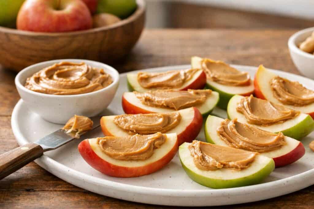 Apple slices with peanut butter dip on a white plate
