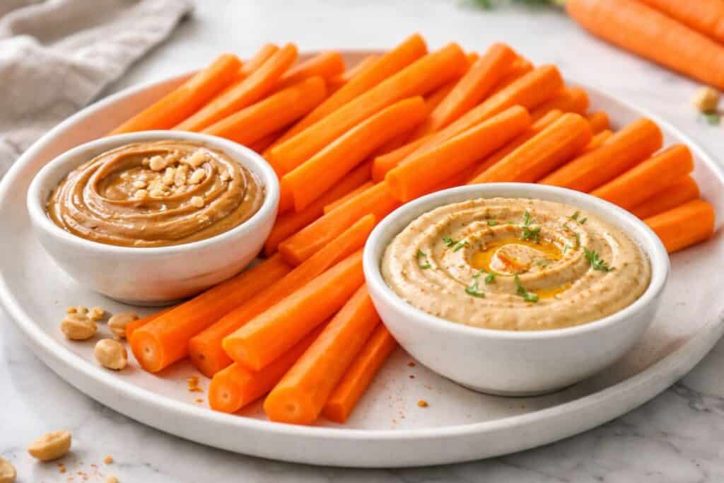 Carrot sticks with peanut butter and hummus dips