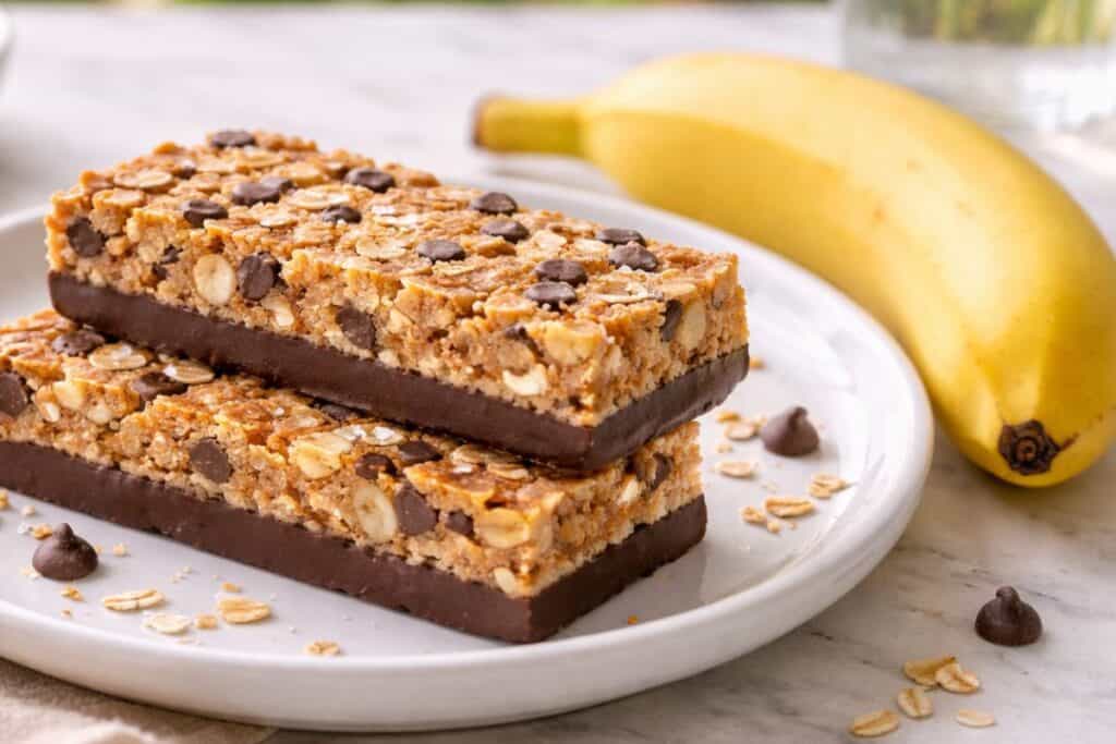 Chocolate chip protein bars stacked with banana