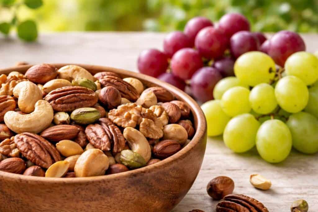 Bowl of mixed nuts with green and red grapes