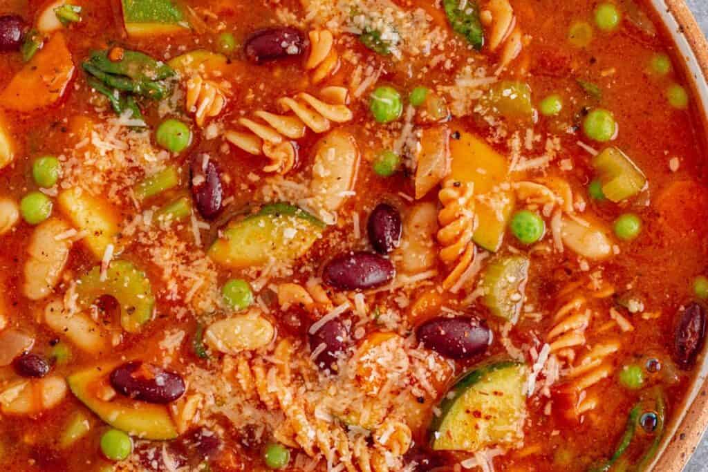 Vegetable soup with pasta and beans in broth