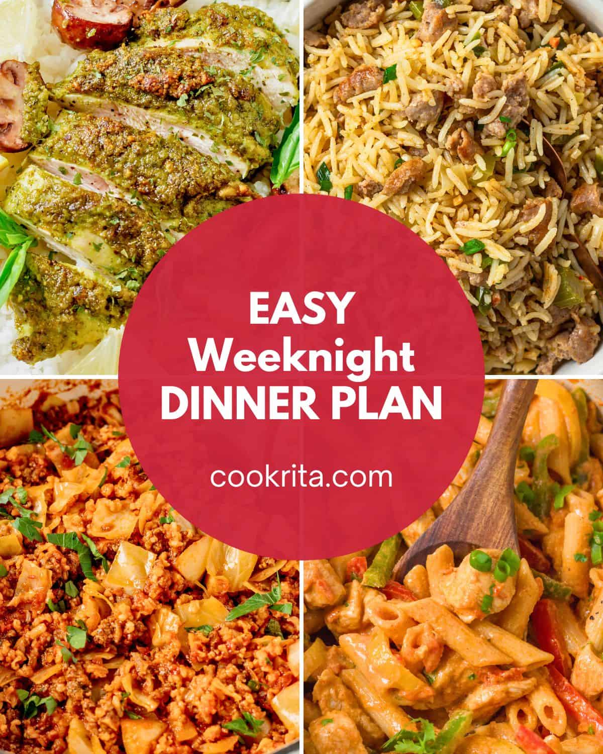 Easy weeknight dinner plan collage with chicken, rice, pasta, and skillet meals and text overlay