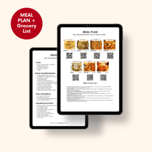 Mockup of a meal plan and grocery list PDF displayed on tablet and phone screens above a red ‘Send me the meal plan’ subscription button.