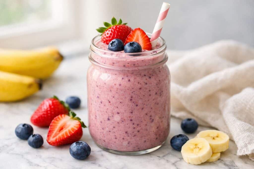 Fresh fruit smoothie with strawberries and bananas in a glass